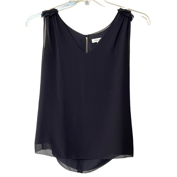 REISS Ruffled shoulders V-Neck tank top blouse with keyhole open back 6 Black - Picture 1 of 14
